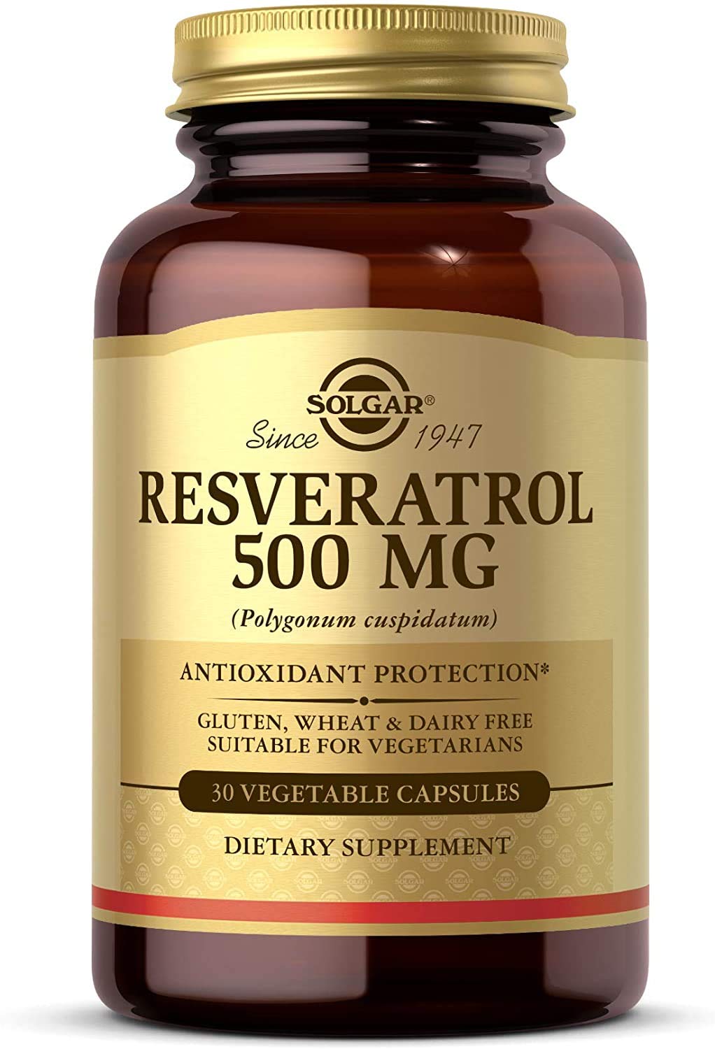 Solgar Resveratrol frente del empaque mostrando presentación y 30 cápsulas, claridad de compra