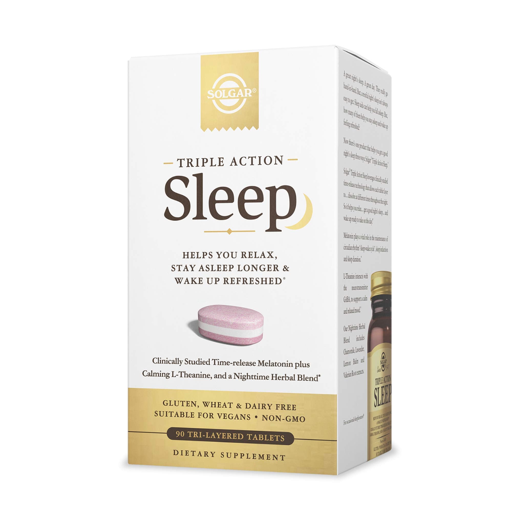 Solgar frasco frontal mostrando Triple Action Sleep para un sueño reparador