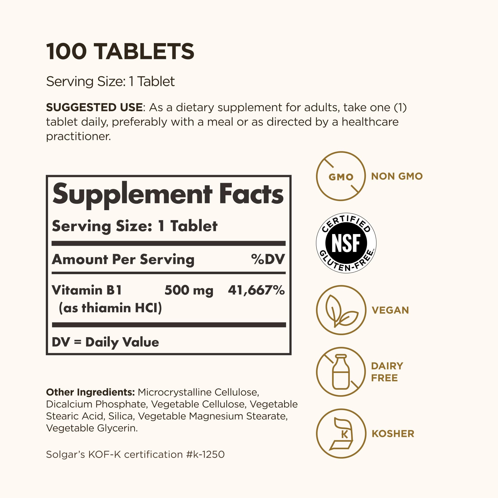 Primer plano de una tableta Solgar Vitamina B1 mostrando textura y tamaño para fácil ingestión
