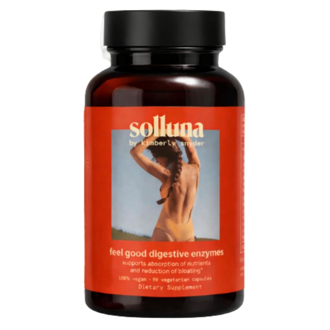 Solluna frasco de Digestive Enzymes mostrando el frente y la marca, facilita identificación rápida