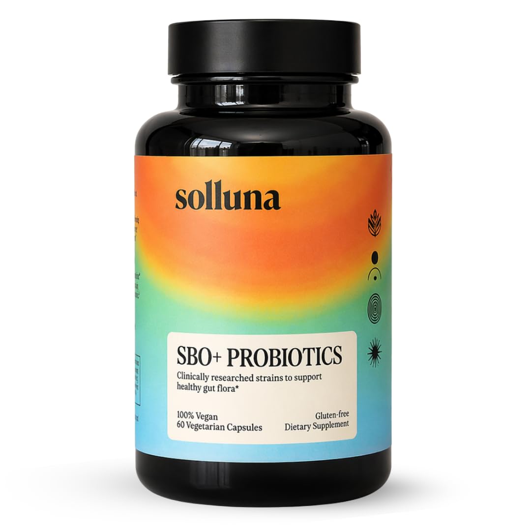 Solluna SBO Probiotics frasco frontal mostrando etiqueta y beneficios