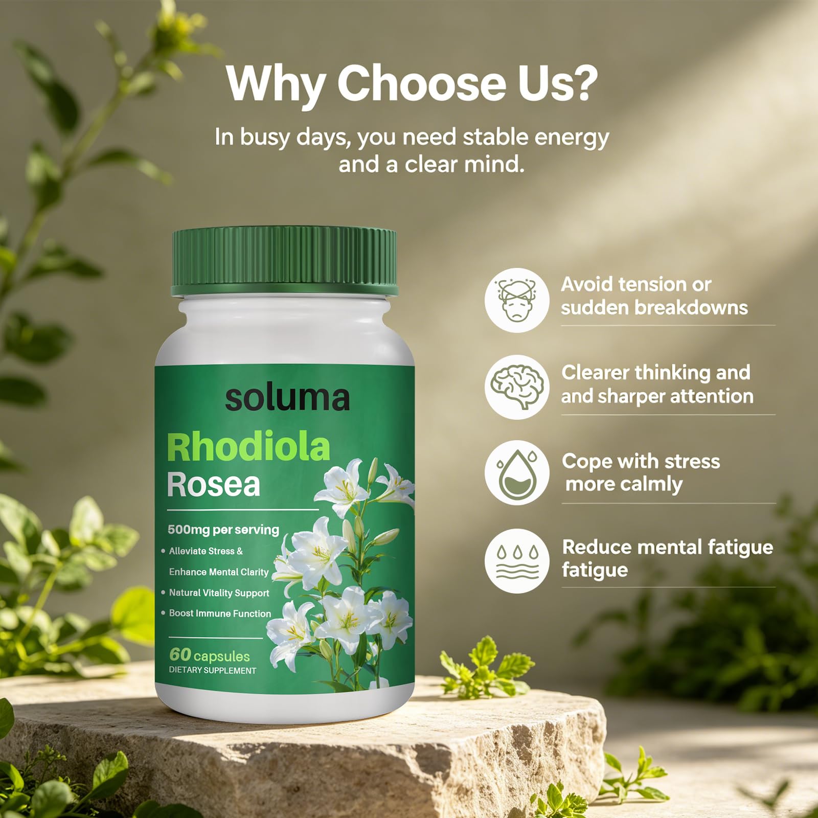 soluma rhodiola cápsula abierta detalle del contenido y fácil ingestión