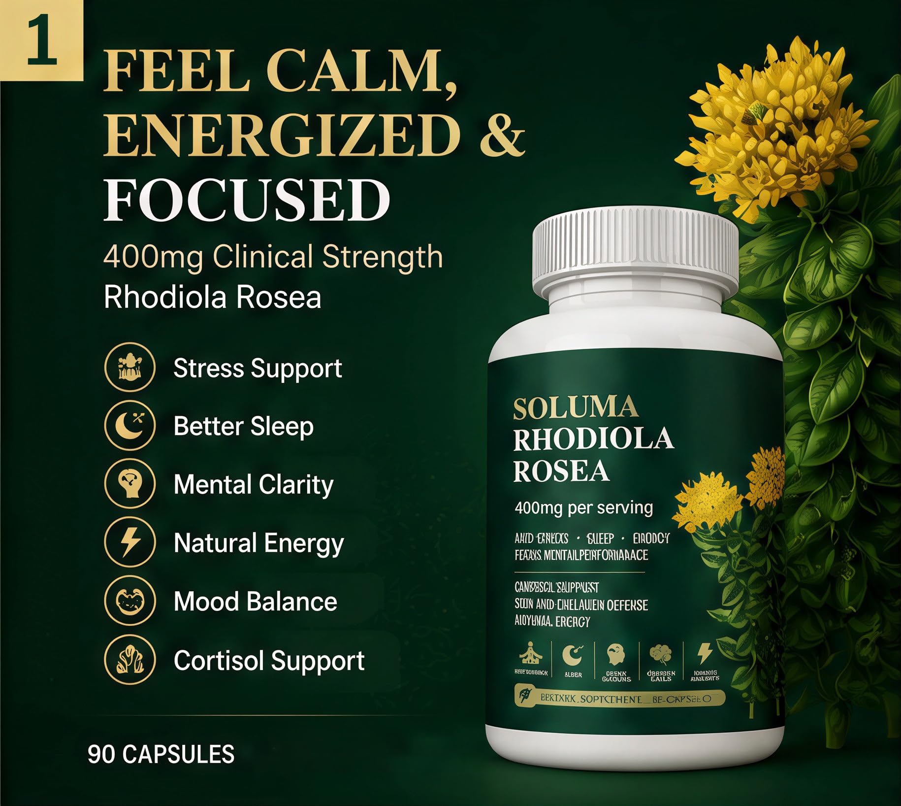 Soluma Rhodiola cápsulas dentro del frasco y fácil dosificación
