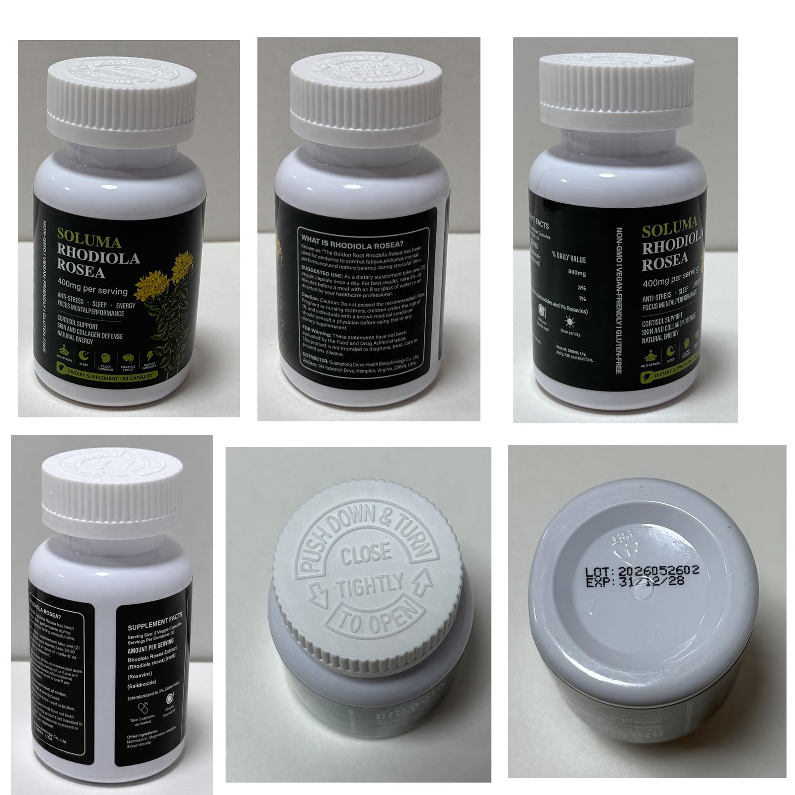 Soluma Rhodiola etiqueta con información de estandarización clara
