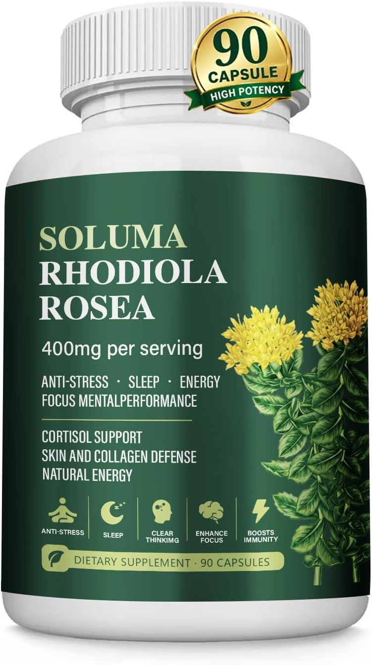 Soluma Rhodiola Rosea frasco frente muestra presentación y beneficio de conveniencia