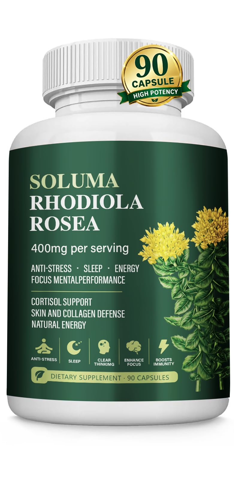 Soluma Rhodiola Rosea vista frontal y beneficio de uso diario