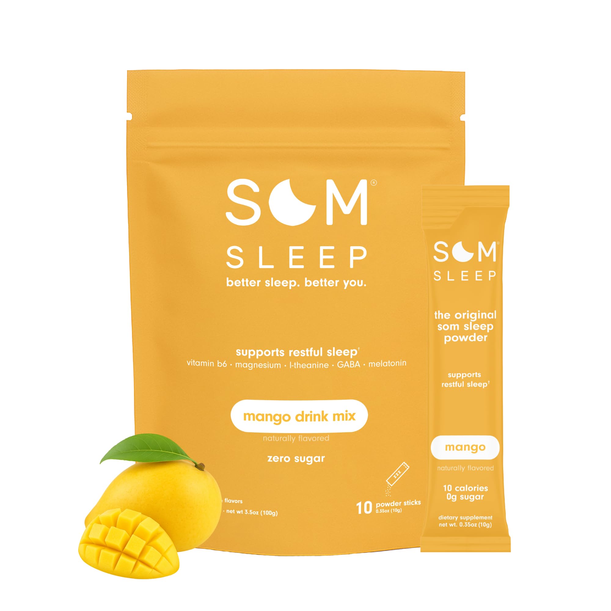 Som Sleep polvo con mango real indicando sabor natural y agradable