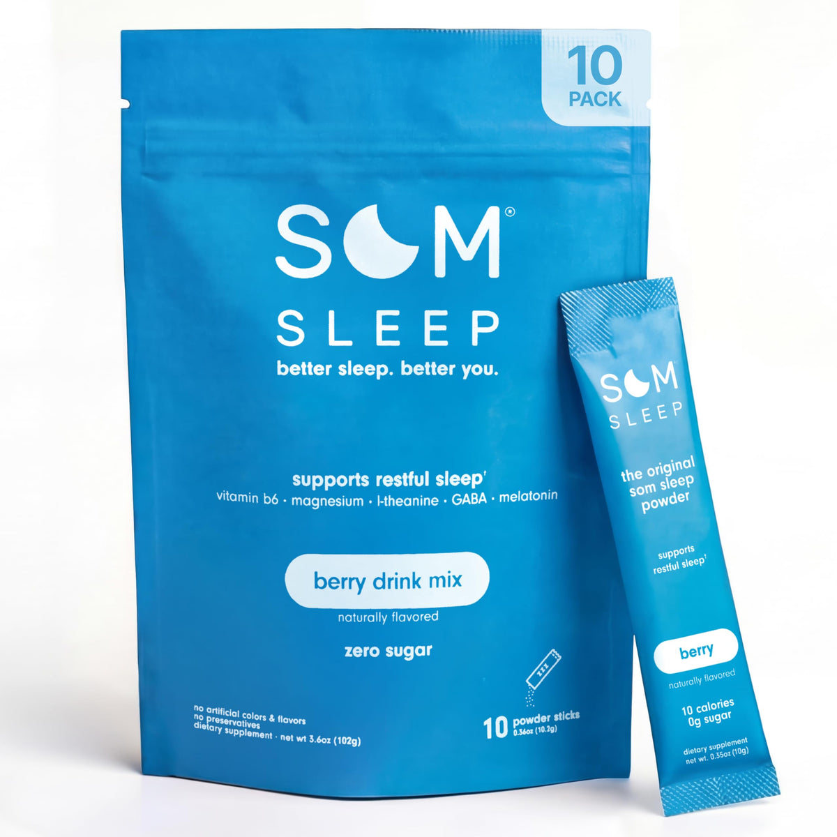 Som Sleep frontal del paquete mostrando sobres y beneficios