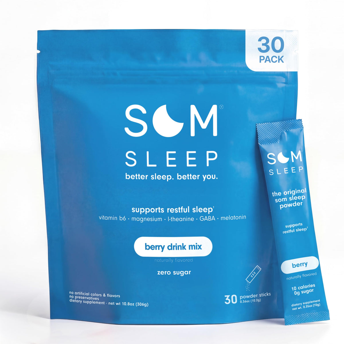 Som Sleep frasco y sobres berry mostrando presentación y conveniencia