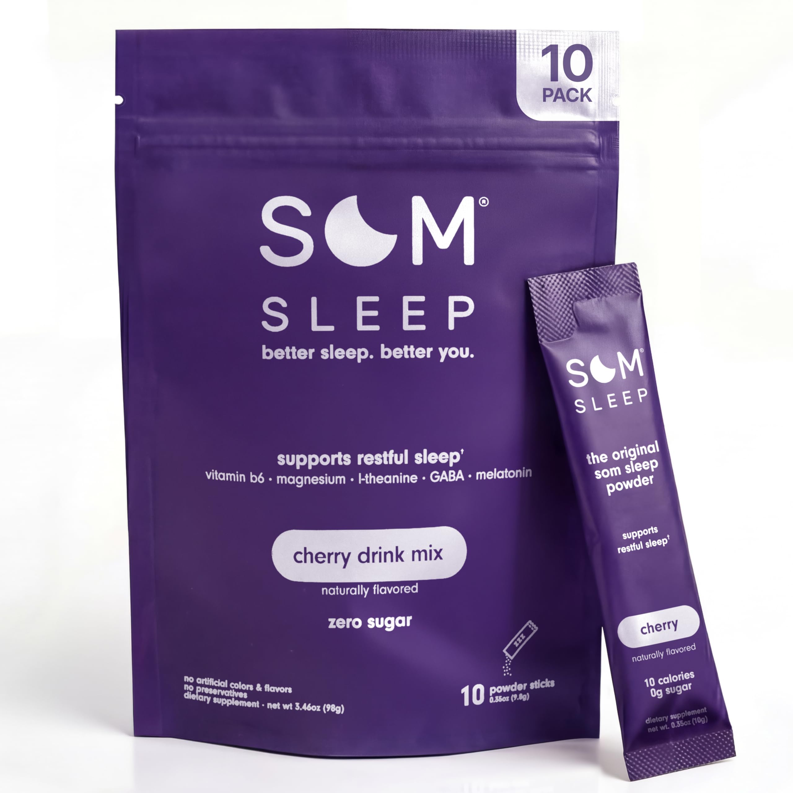 Som Sleep empaque frontal con sobres cherry, beneficio: conveniencia nocturna