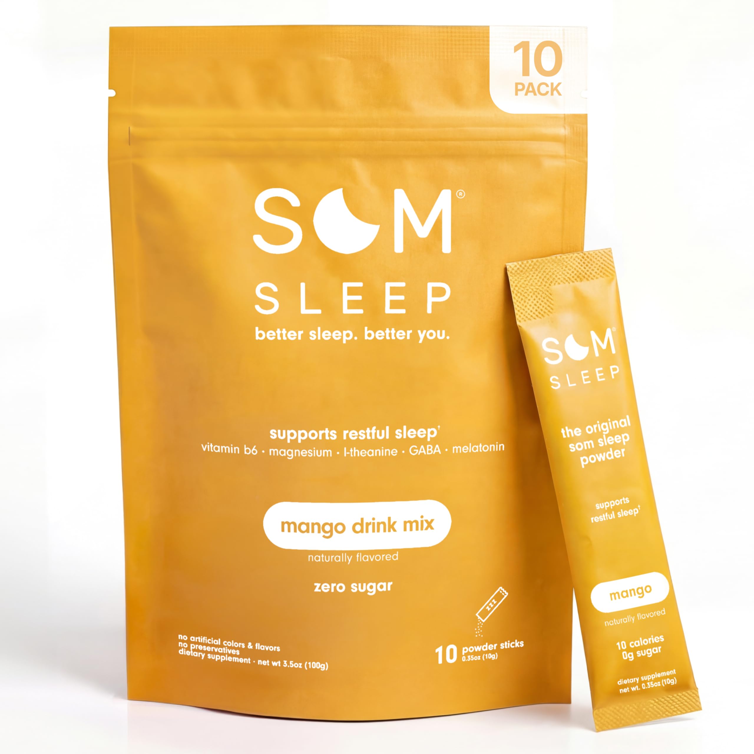 Som Sleep frontal del empaque mostrando 10 sobres para sueño rápido