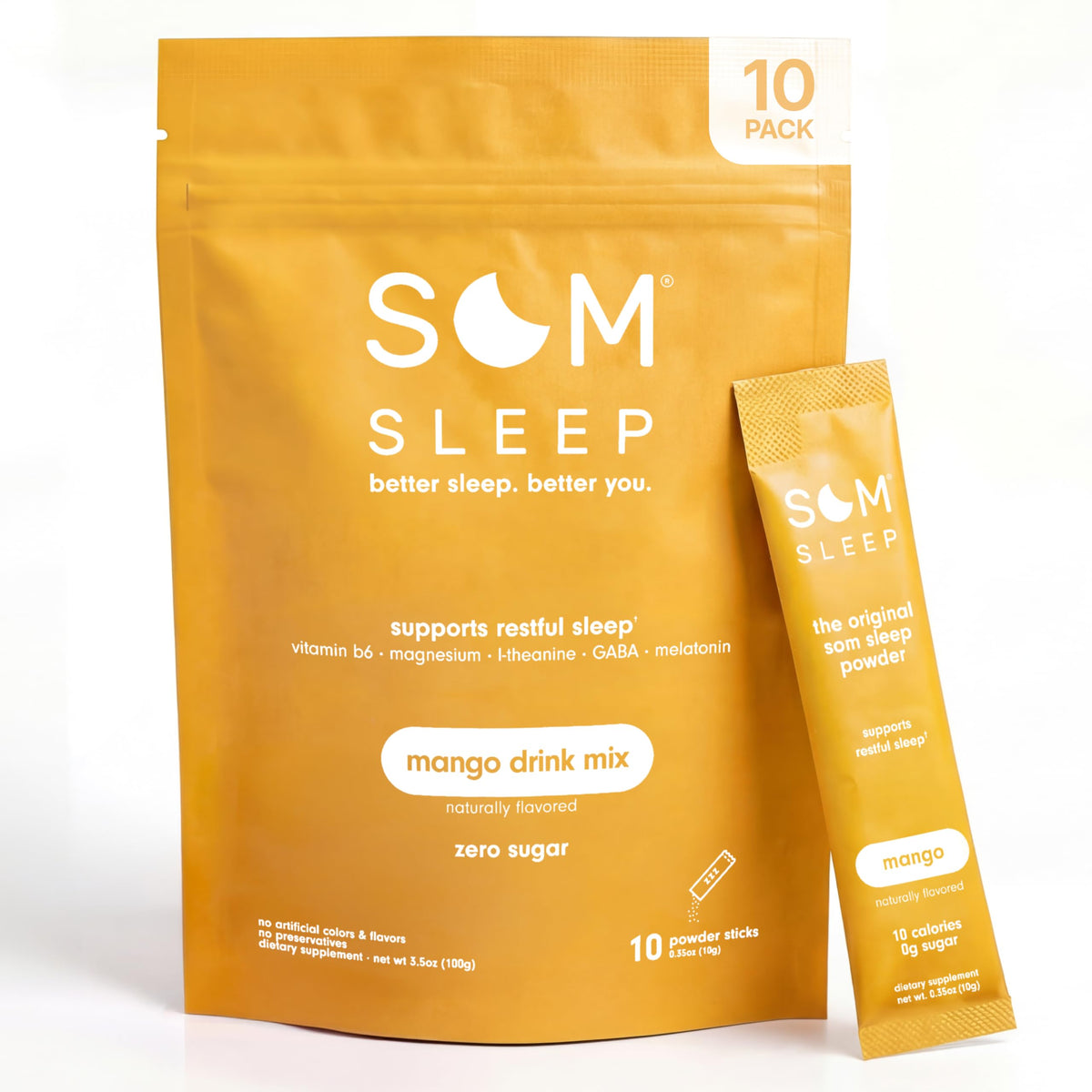 Som Sleep frontal del empaque mostrando 10 sobres para sueño rápido