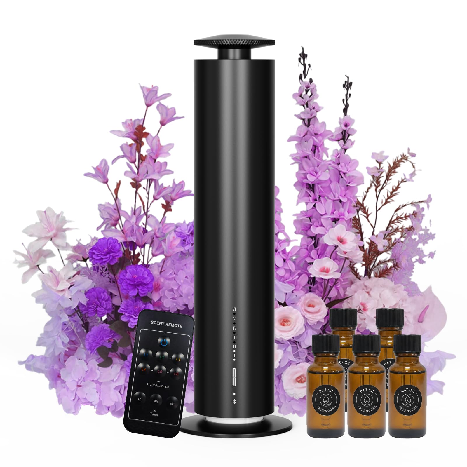 Somniare difusor frontal negro mostrando diseño elegante y ahorro energético