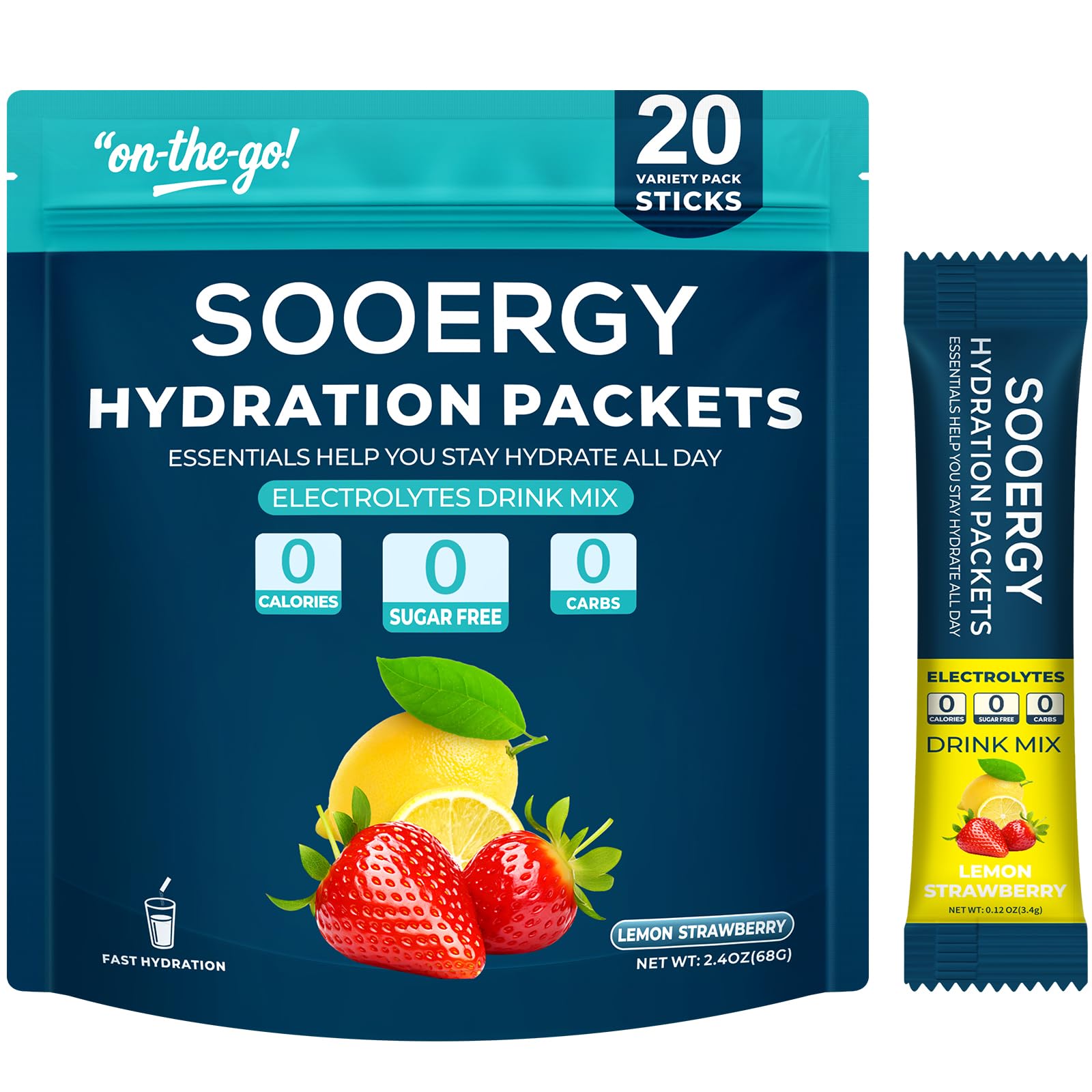 Sooergy frente del paquete mostrando 20 sticks y beneficios de hidratación