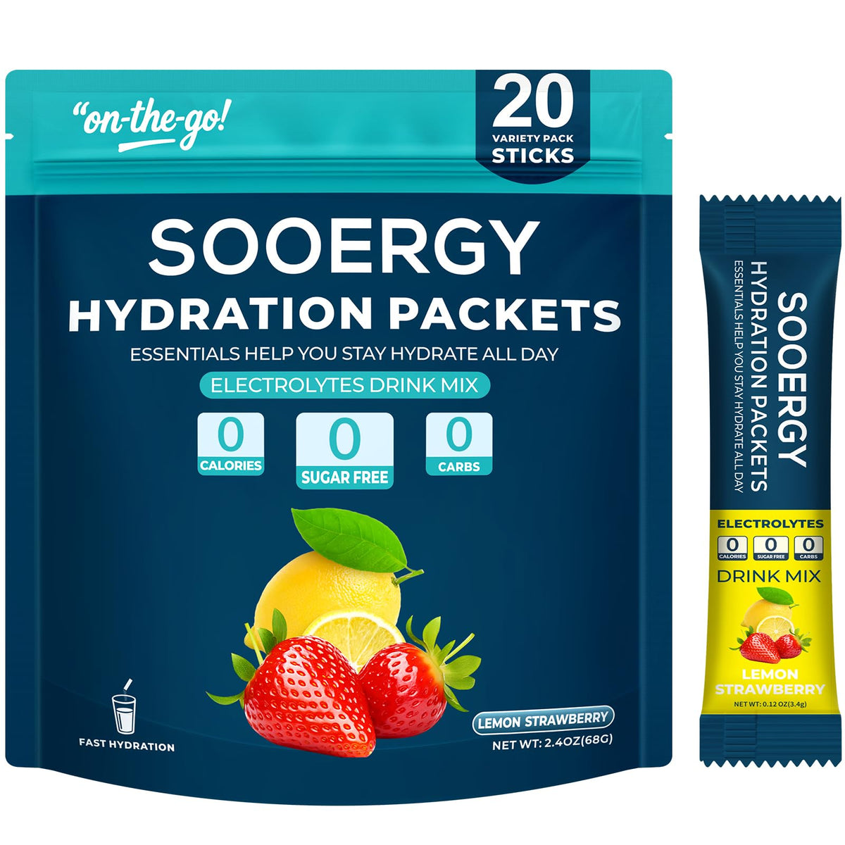 Sooergy frente del paquete mostrando 20 sticks y beneficios de hidratación