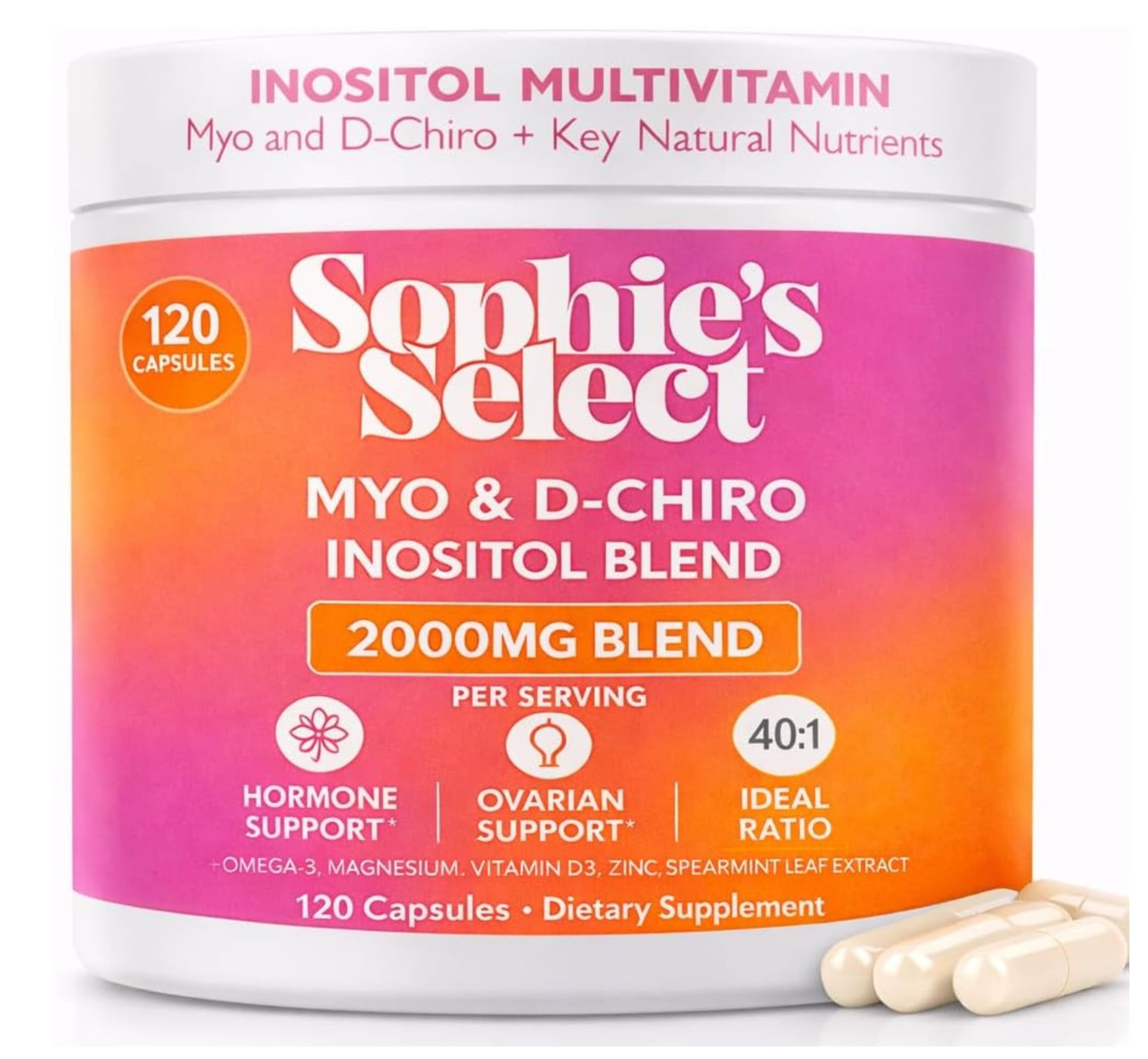 Sophie's Select botella frontal mostrando la fórmula 40:1 y beneficios para equilibrio hormonal