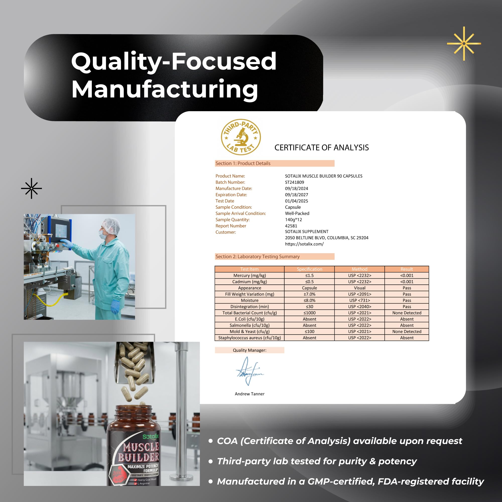 SOTALIX SUPPLEMENT sello de laboratorio, control de calidad visible