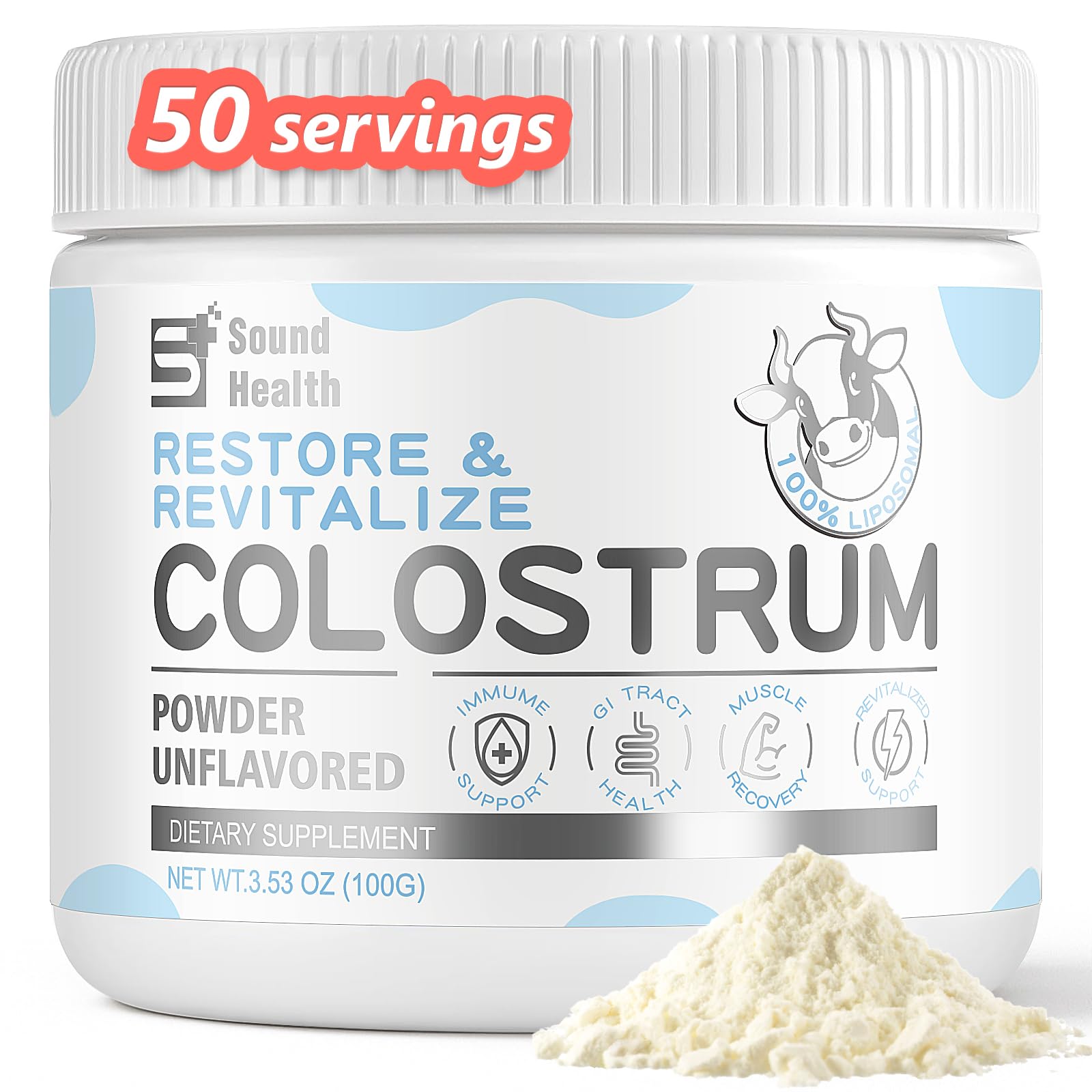 Sound Health Supplements envase frontal mostrando producto y porciones