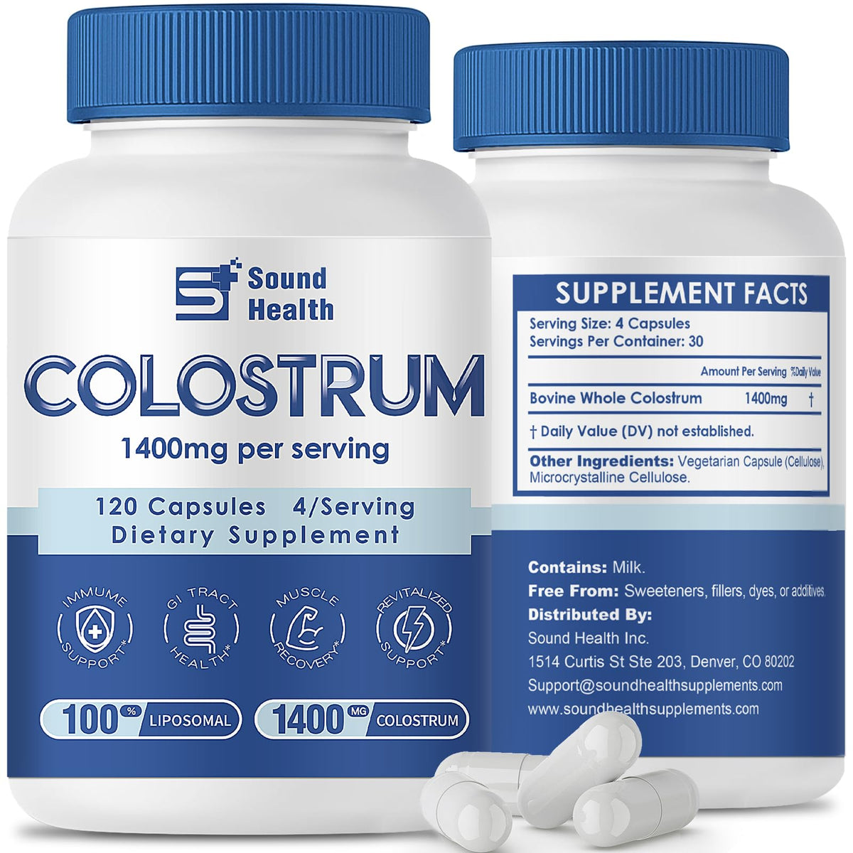 SoundHealth envase frontal mostrando colostrum y aspecto profesional