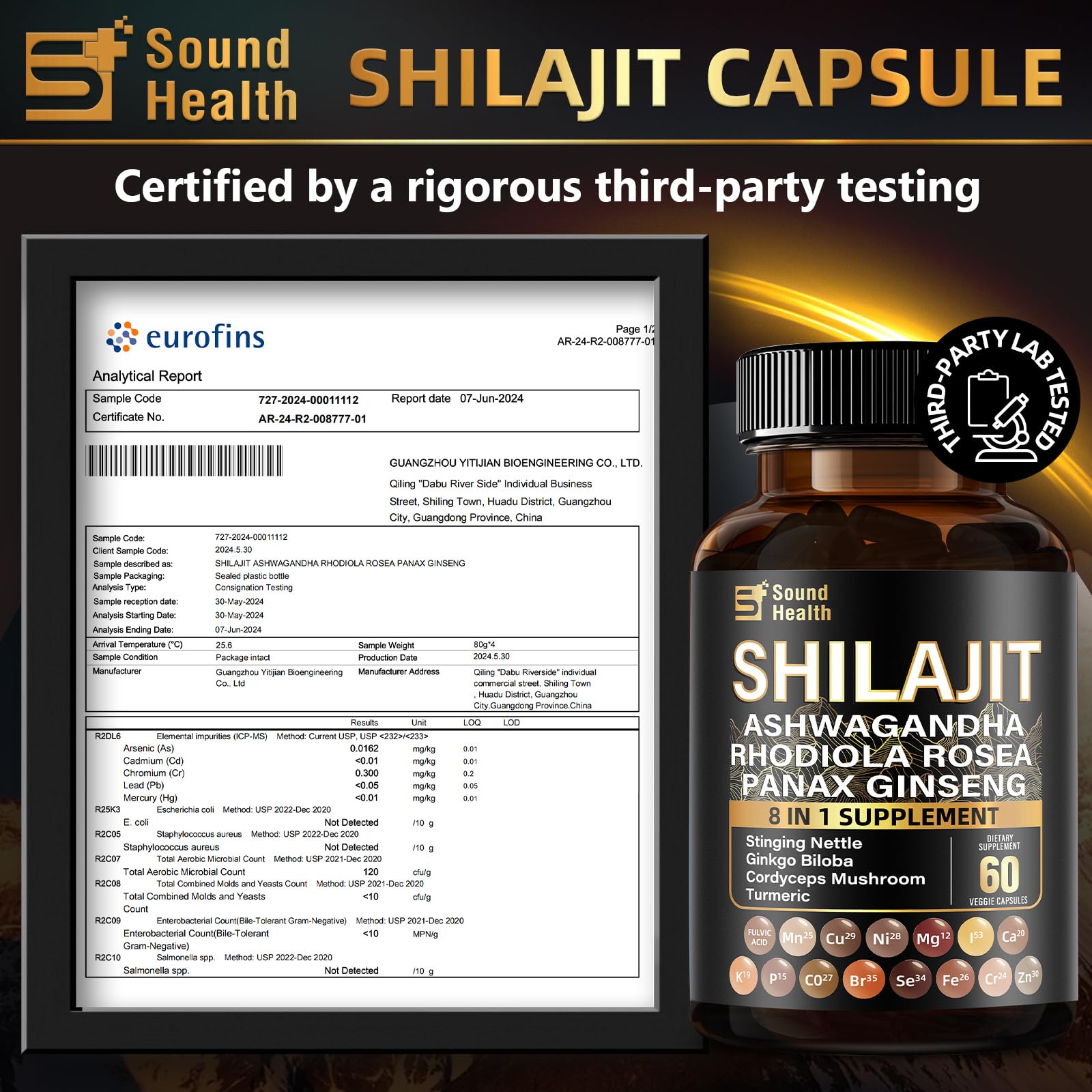 SoundHealth ingredientes naturales (sea moss, shilajit, hierbas) presentados