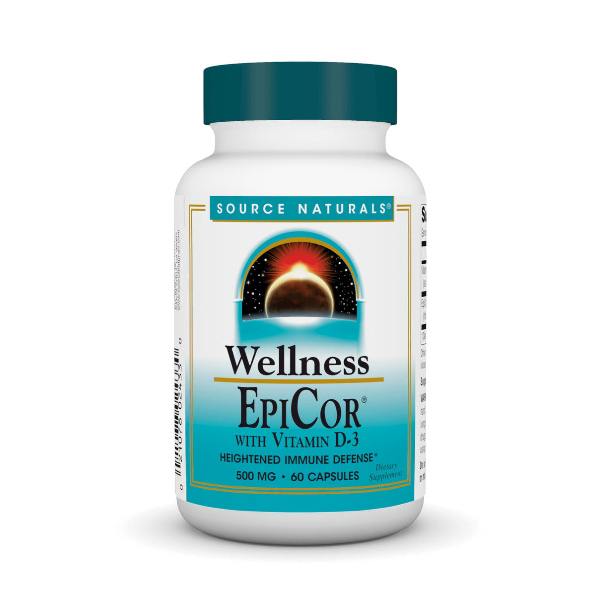 Source Naturals bote frontal que muestra EpiCor con Vitamina D-3 y fácil dosificación