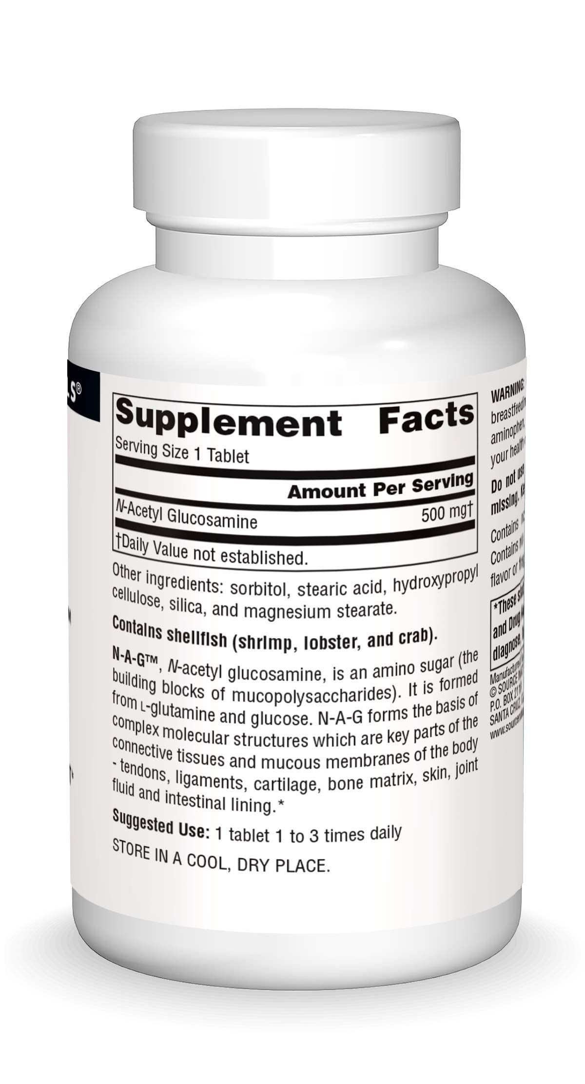 Source Naturals etiqueta con ingredientes y advertencia de crustáceos