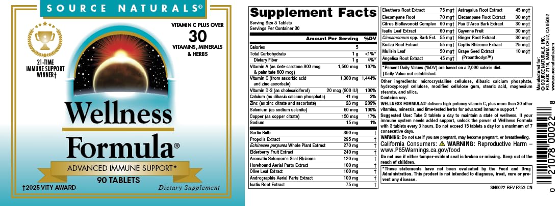 Source Naturals etiqueta nutricional destacando vitaminas y minerales