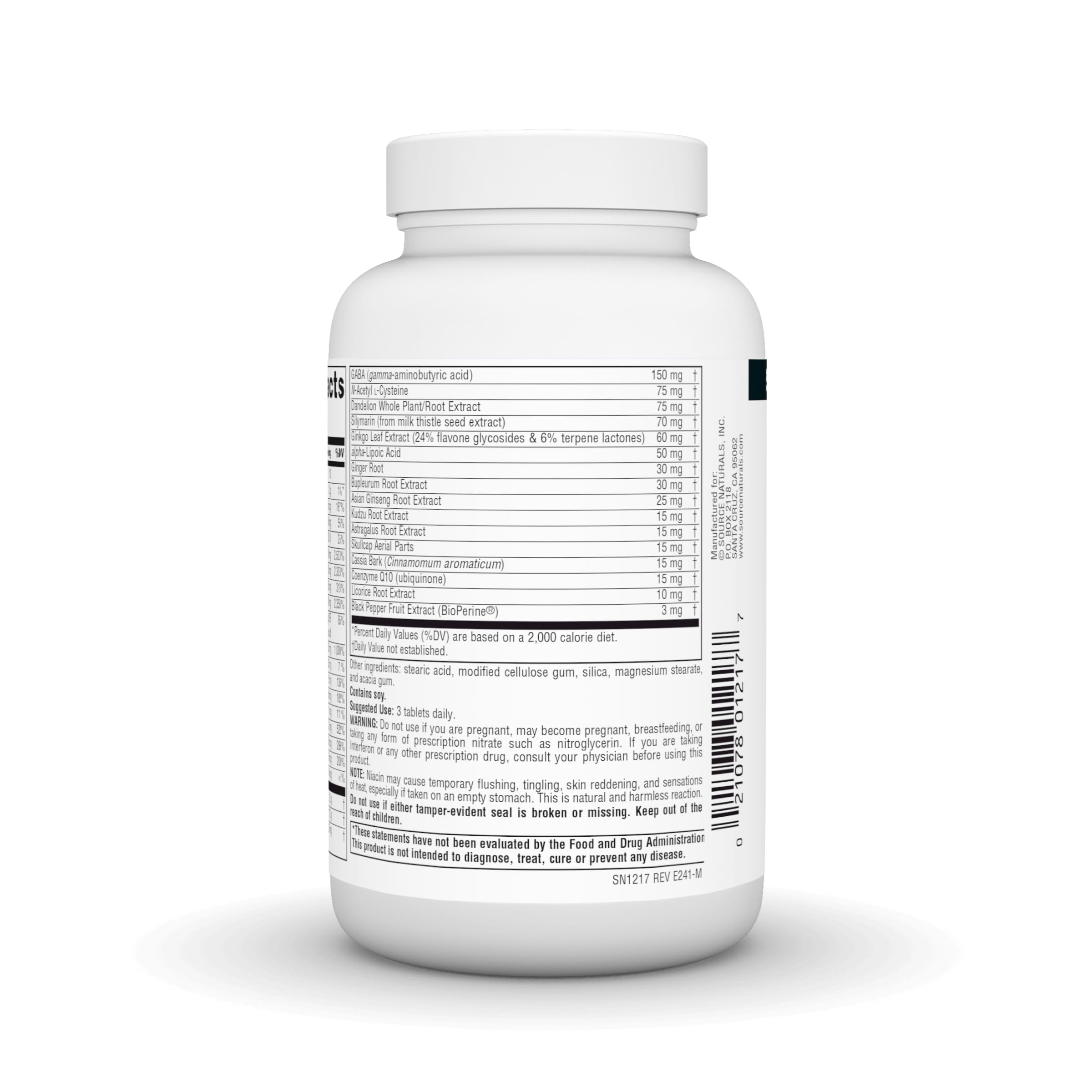 Source Naturals etiqueta con ingredientes y tabla nutrimental para transparencia