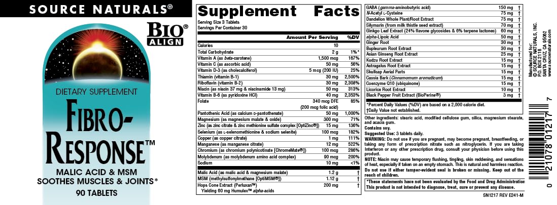 Source Naturals Fibro-Response tabletas junto a vaso de agua para uso diario sencillo