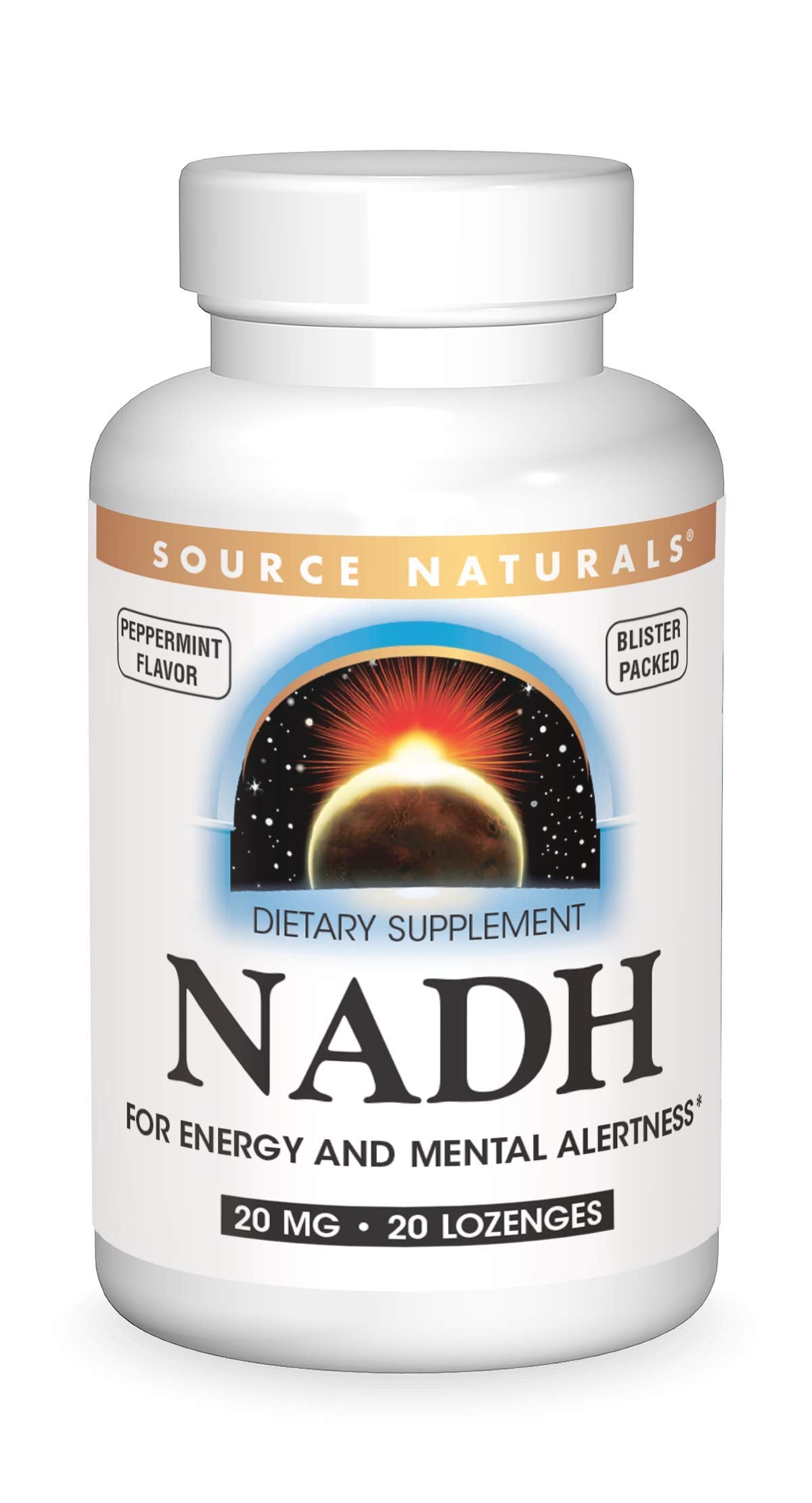 Source Naturals envase frontal mostrando 20 pastillas y beneficios de energía