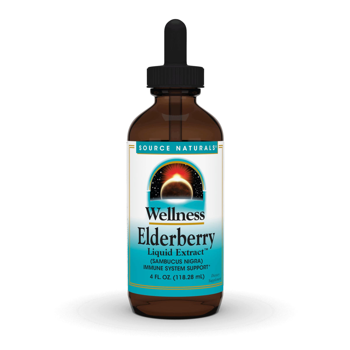 Source Naturals frasco frontal de extracto de saúco mostrando etiqueta y volumen