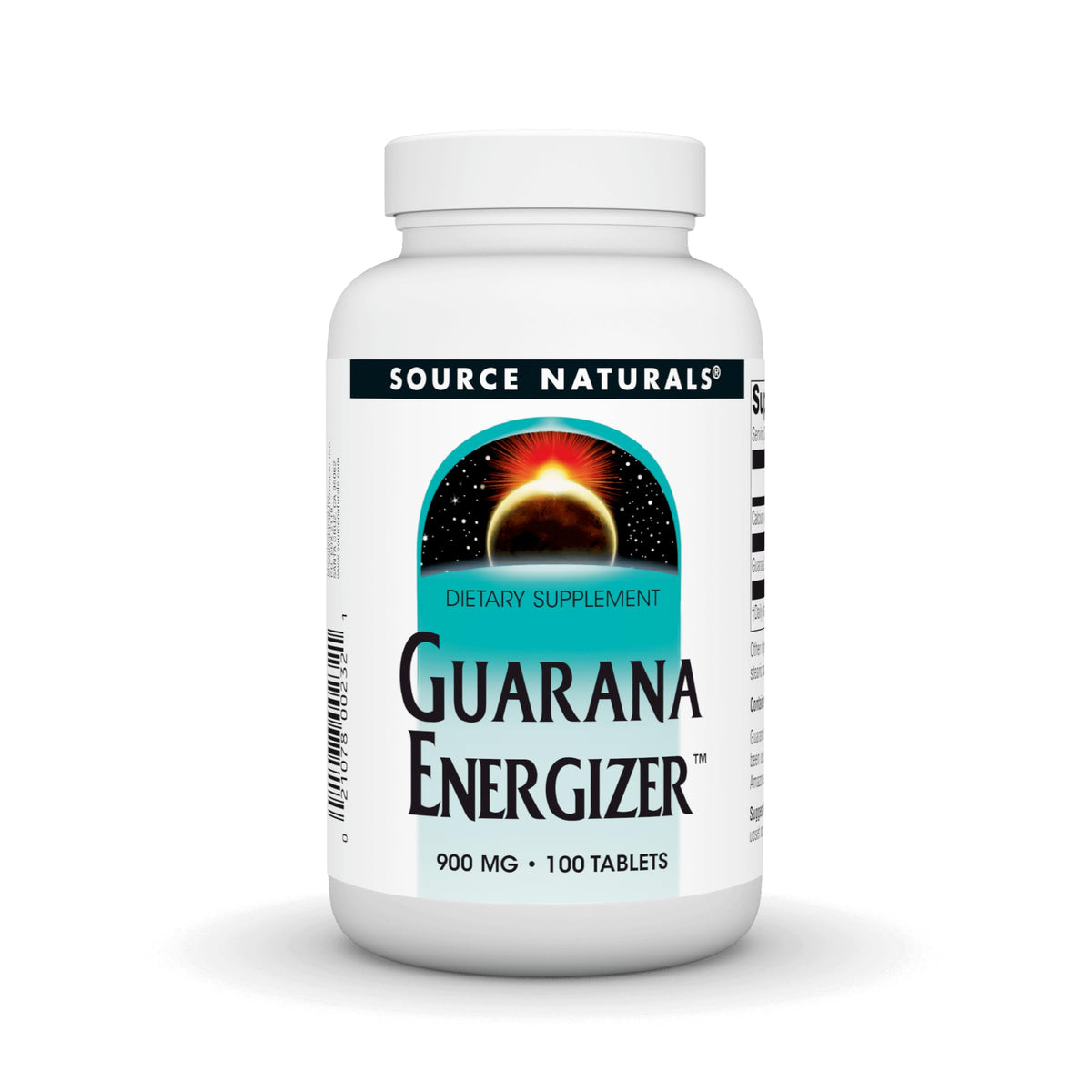 Source Naturals envase frontal de Guarana Energizer mostrando 100 tabletas y beneficios