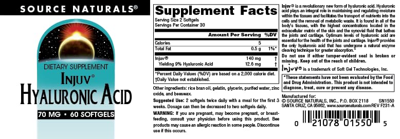 Source Naturals etiqueta de ingredientes resaltando Injuv y 9% ácido hialurónico