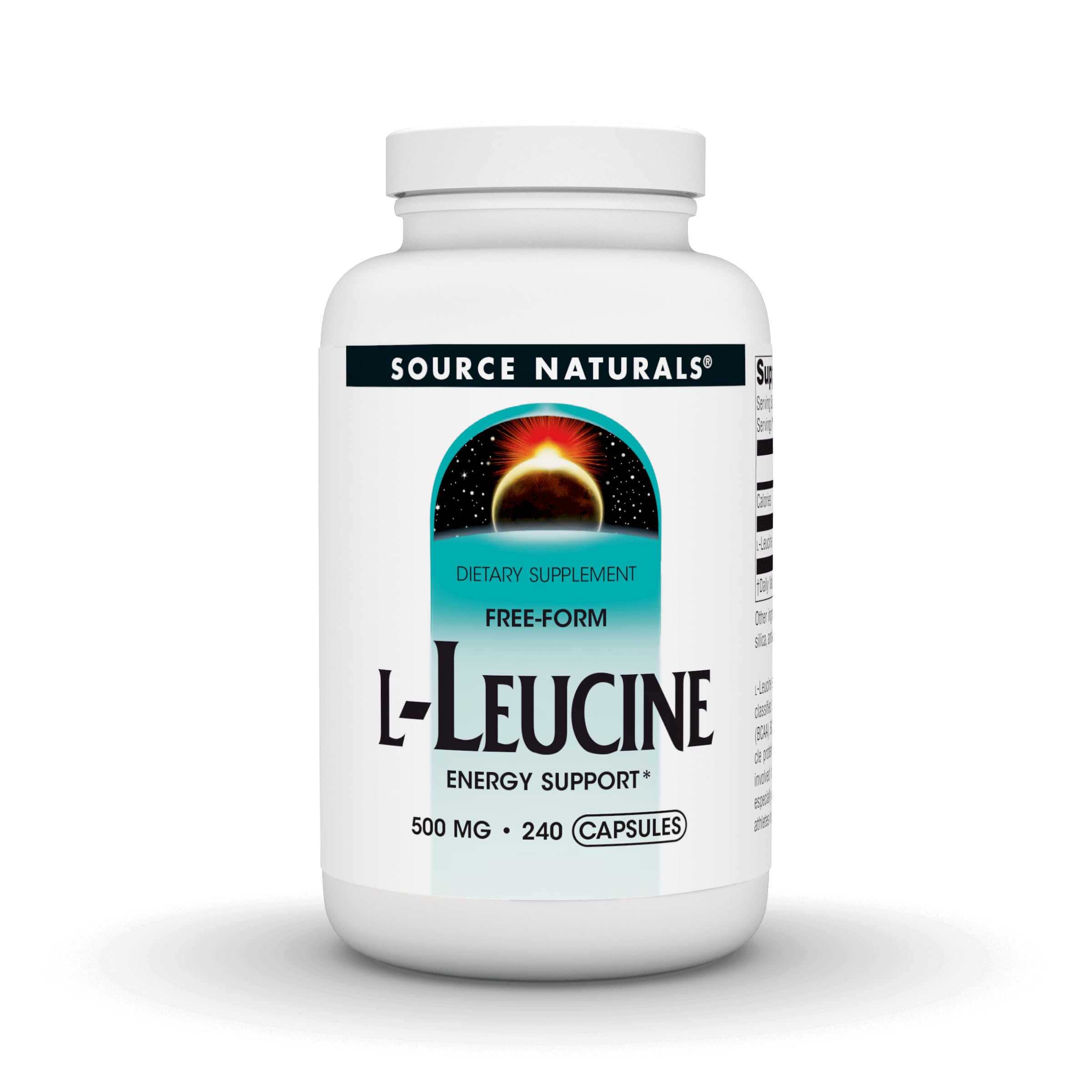Source Naturals envase frontal de L-leucina 240 cápsulas, aporte concentrado de aminoácidos