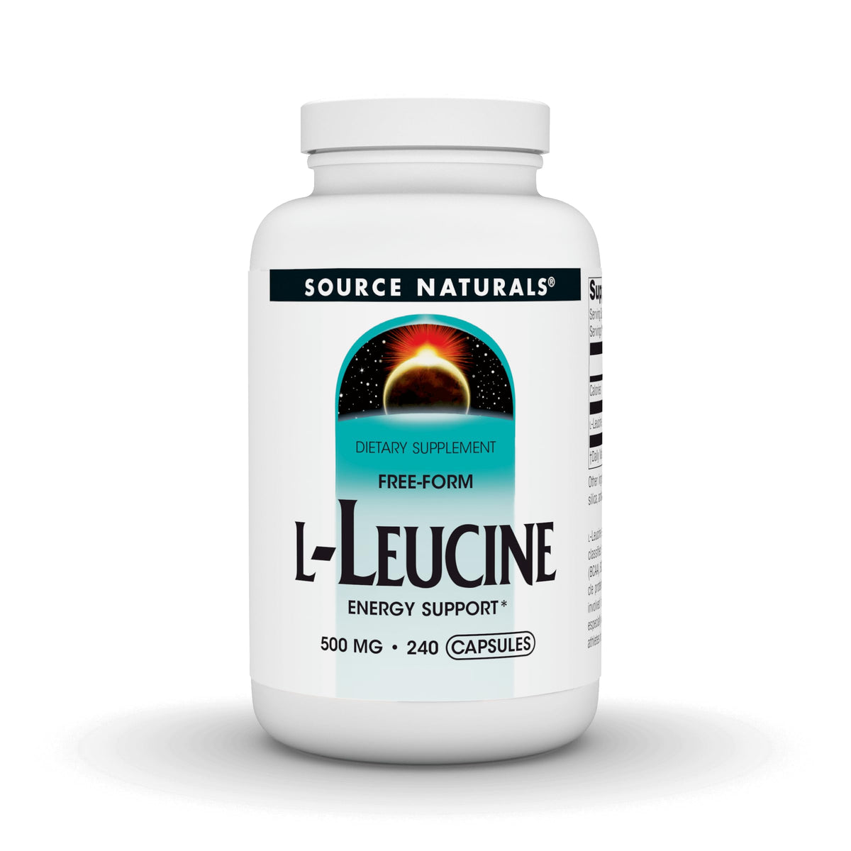 Source Naturals envase frontal de L-leucina 240 cápsulas, aporte concentrado de aminoácidos