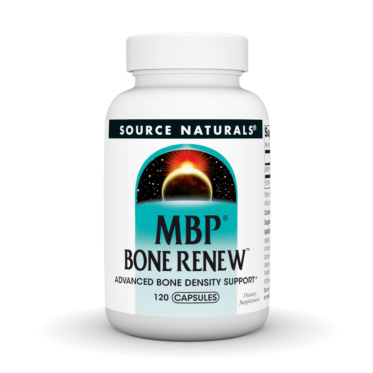 Source Naturals botella frontal mostrando MBP Bone Renew y beneficio apoyo óseo