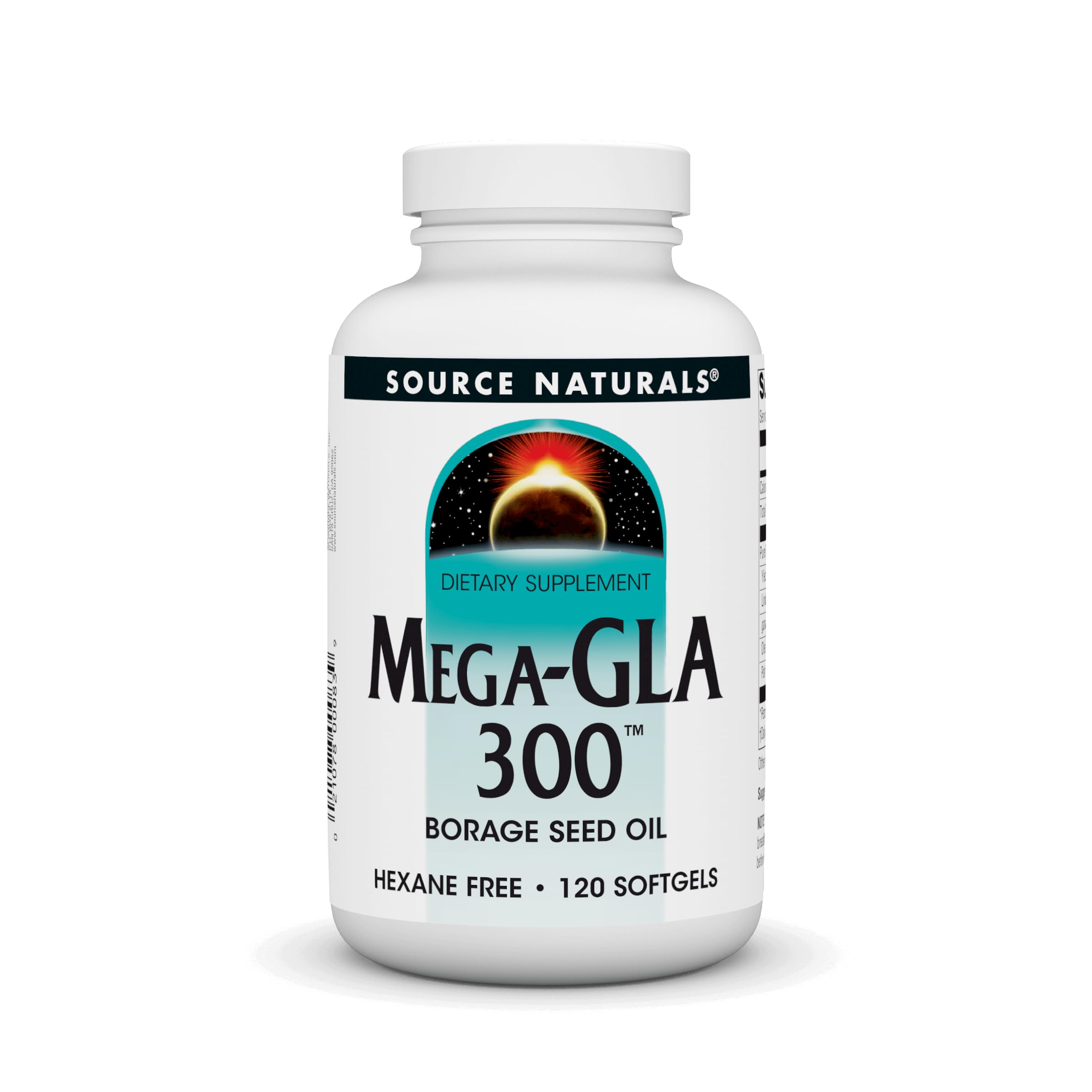 Source Naturals envase frontal de Mega-GLA 300 mostrando 120 softgels y claridad de ingredientes