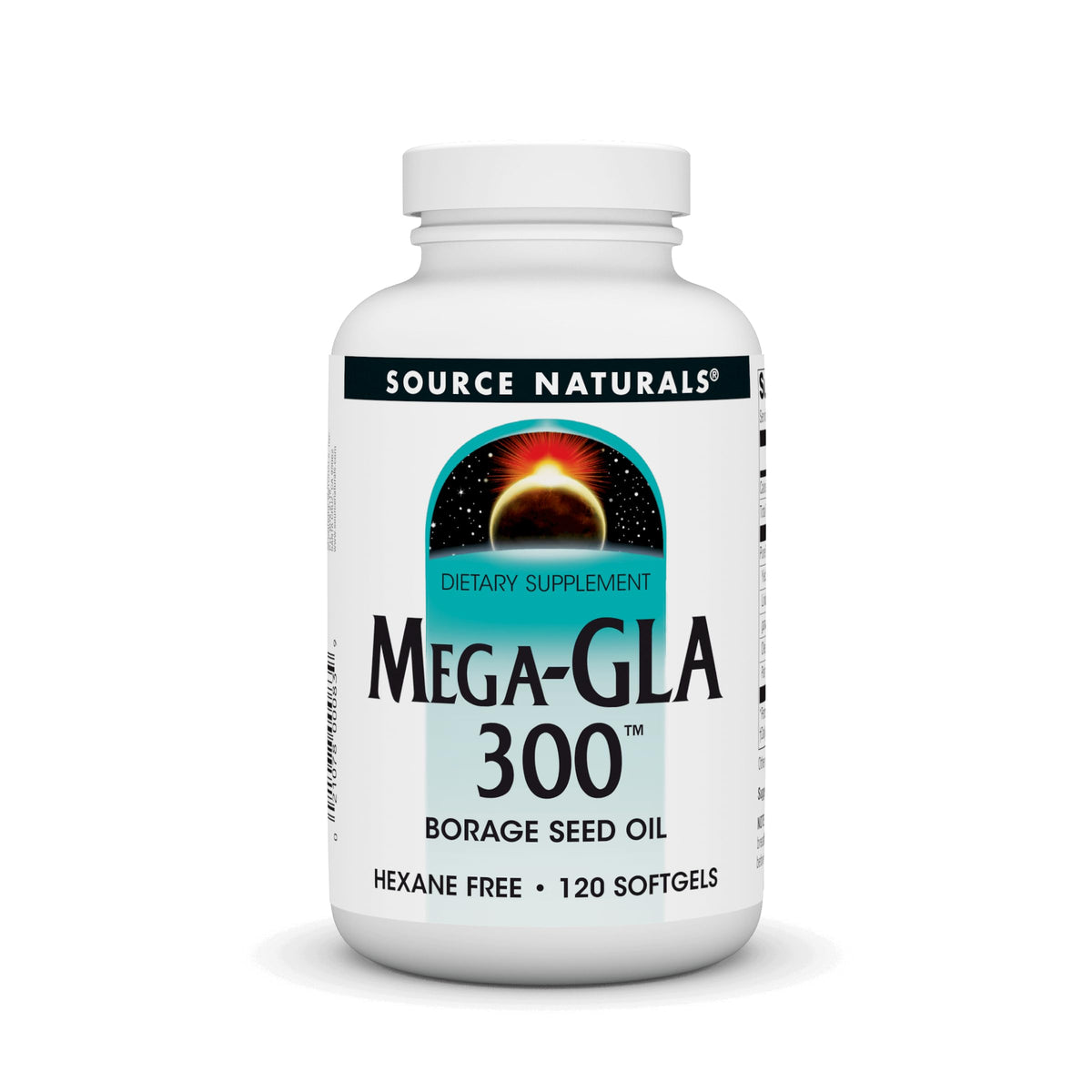 Source Naturals envase frontal de Mega-GLA 300 mostrando 120 softgels y claridad de ingredientes