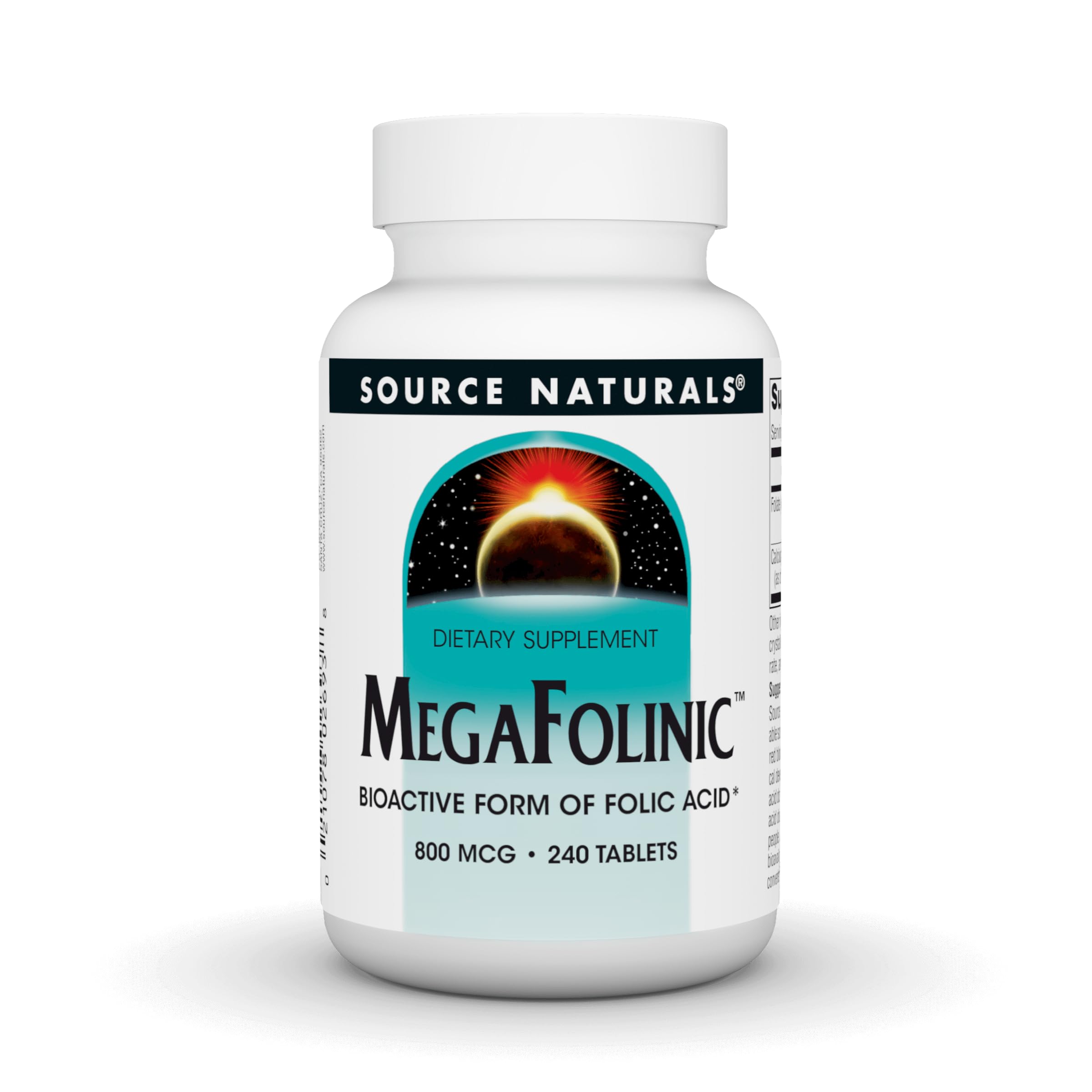 Source Naturals envase frontal de MegaFolinic mostrando etiqueta y beneficios