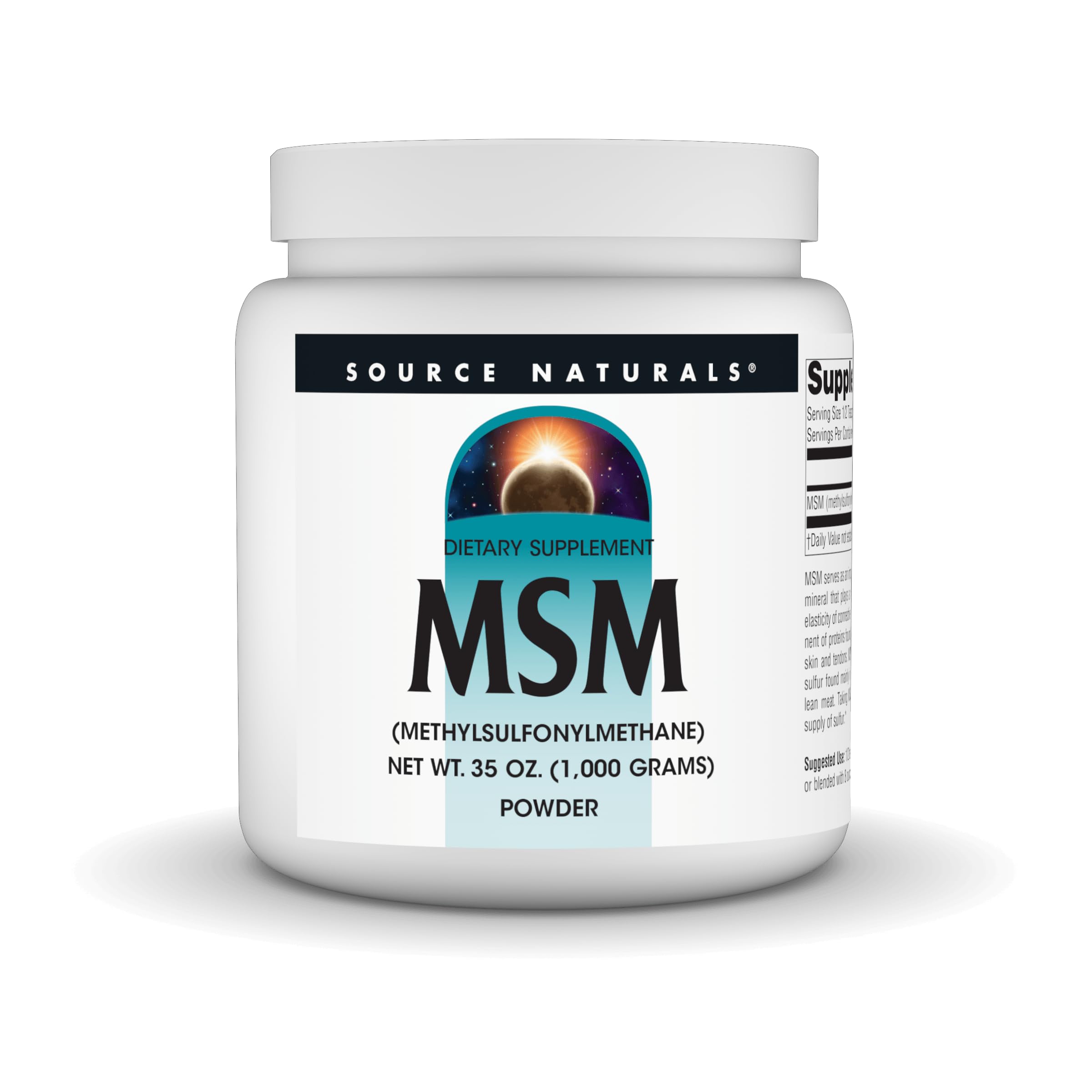 Source Naturals envase frontal de MSM mostrando presentación de 35 oz y claridad del producto