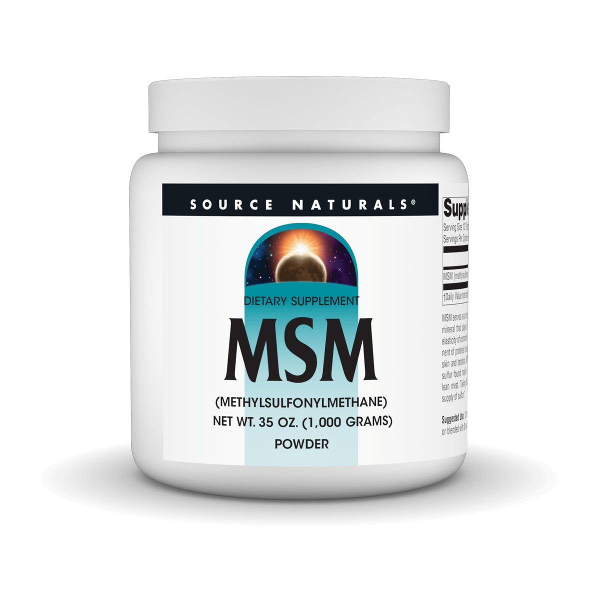 Source Naturals envase frontal de MSM mostrando presentación de 35 oz y claridad del producto