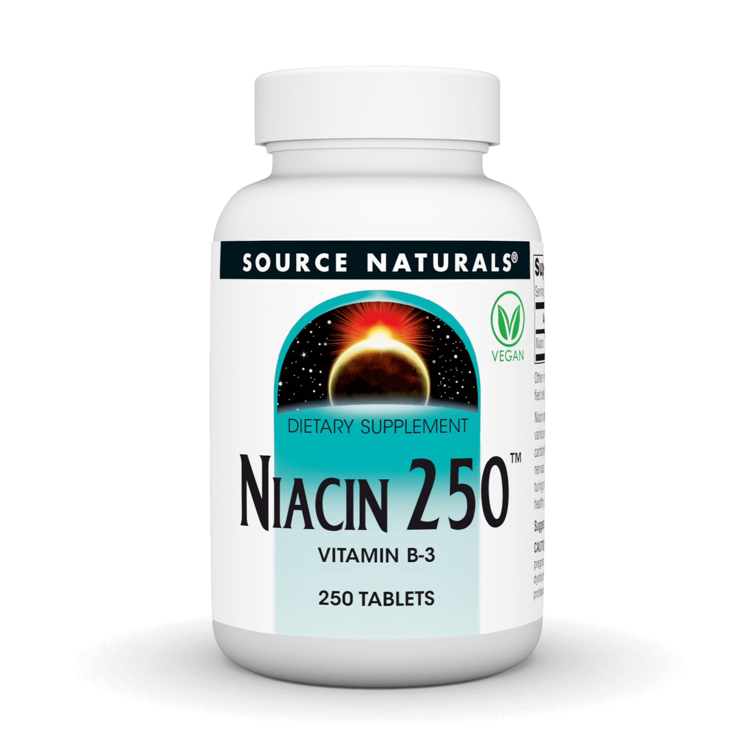Source Naturals frasco frontal mostrando niacina vegana y conteo, fácil identificación