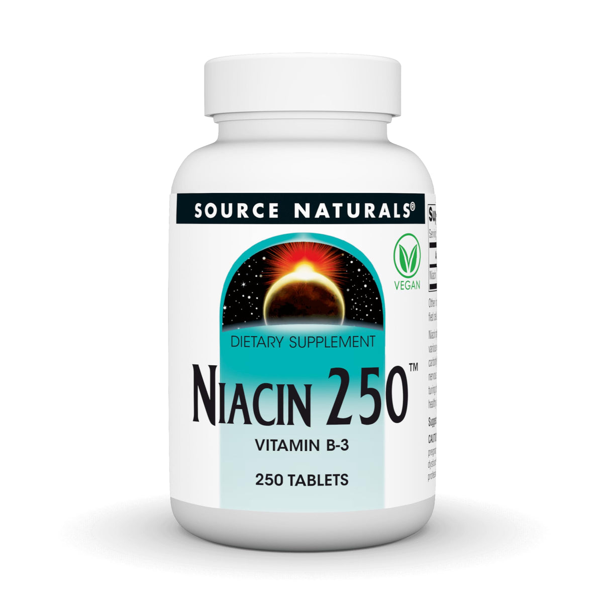 Source Naturals frasco frontal mostrando niacina vegana y conteo, fácil identificación