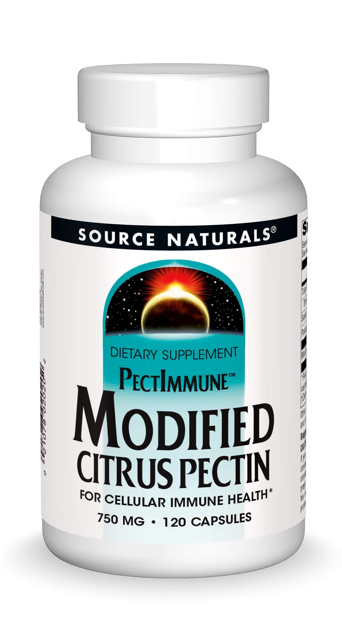 Source Naturals PectImmune frente del envase mostrando 120 cápsulas y beneficio de dosificación clara