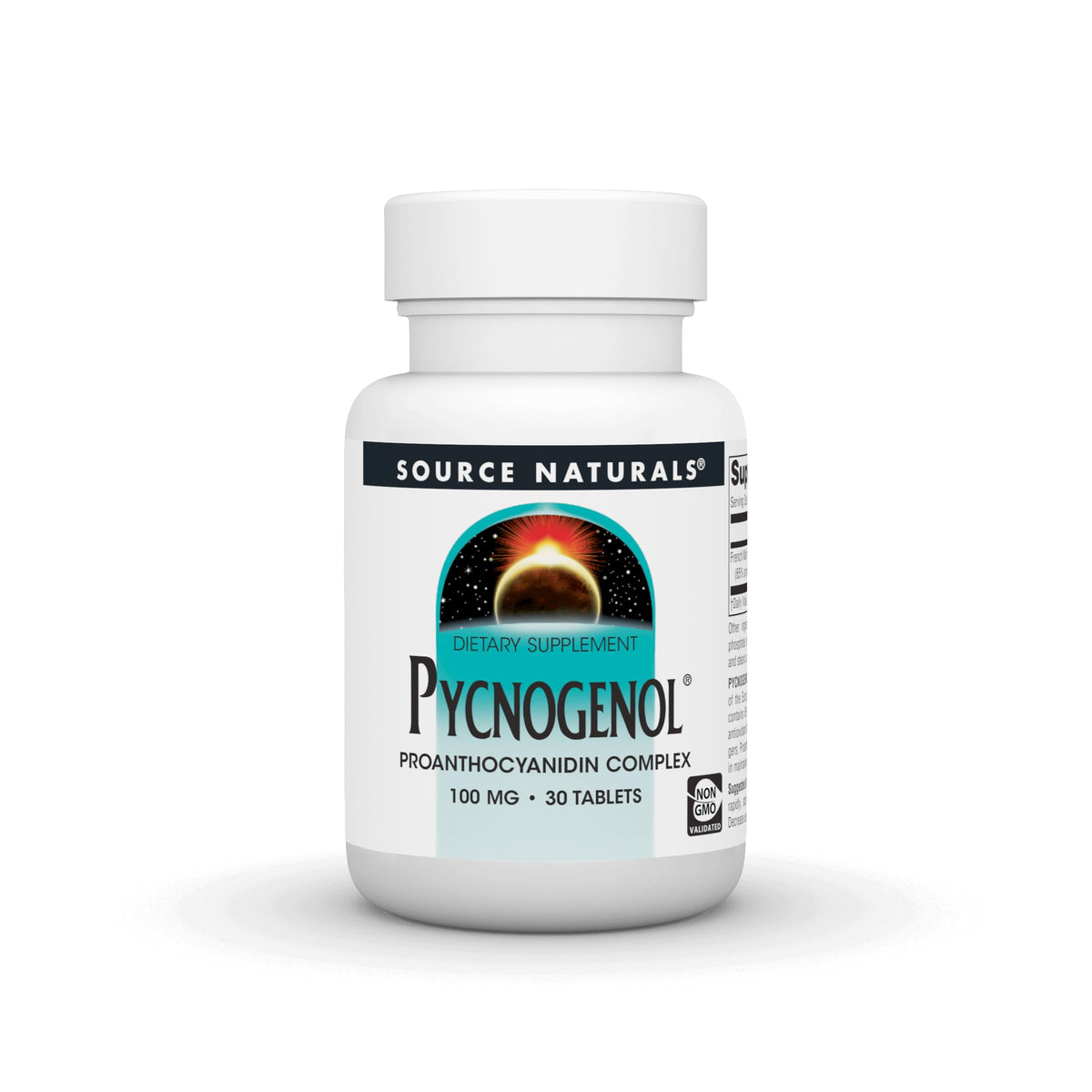 Source Naturals frasco frontal del Pycnogenol 100 mg mostrando etiqueta y cantidad