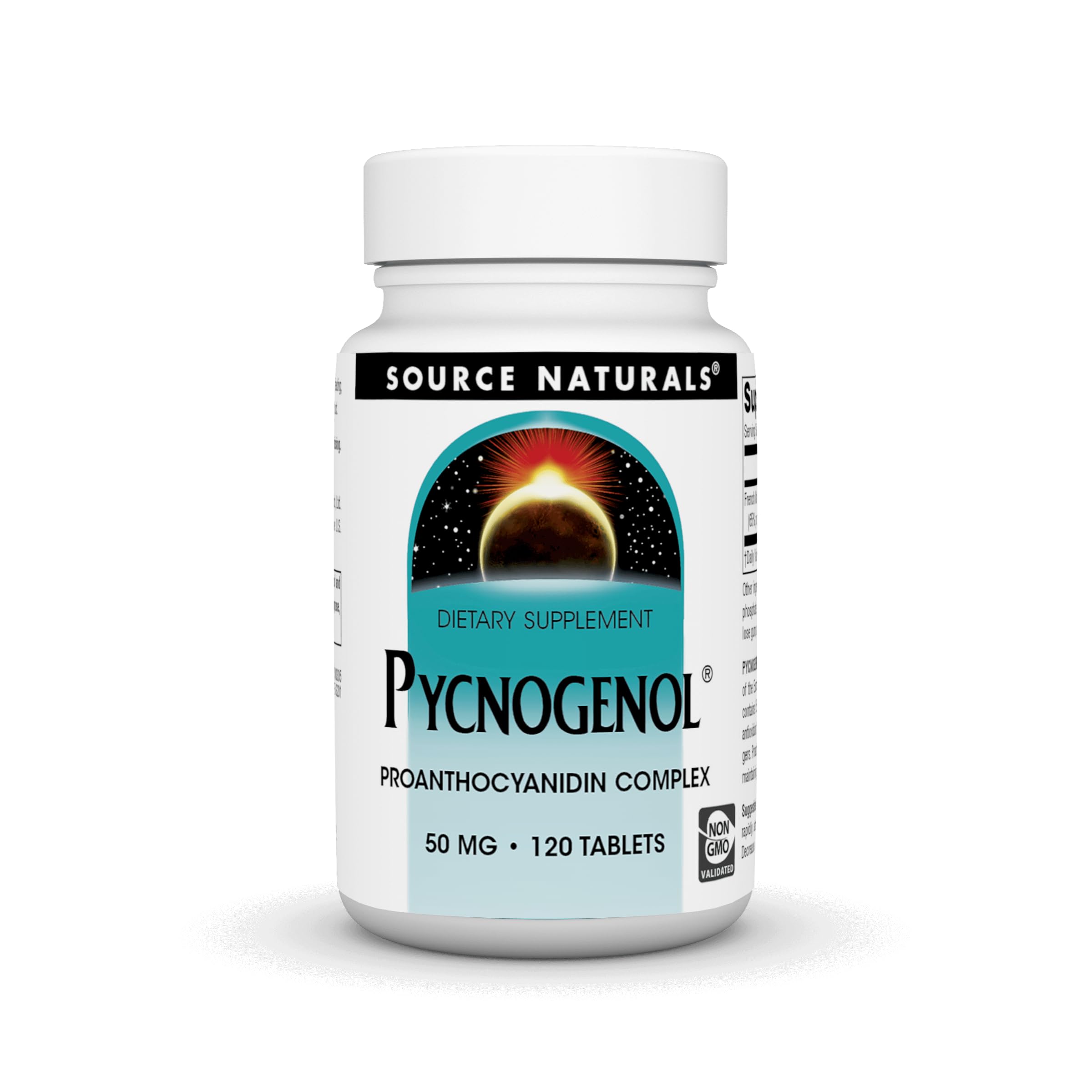 Source Naturals frasco frontal mostrando Pycnogenol 120 tabletas y claridad de marca