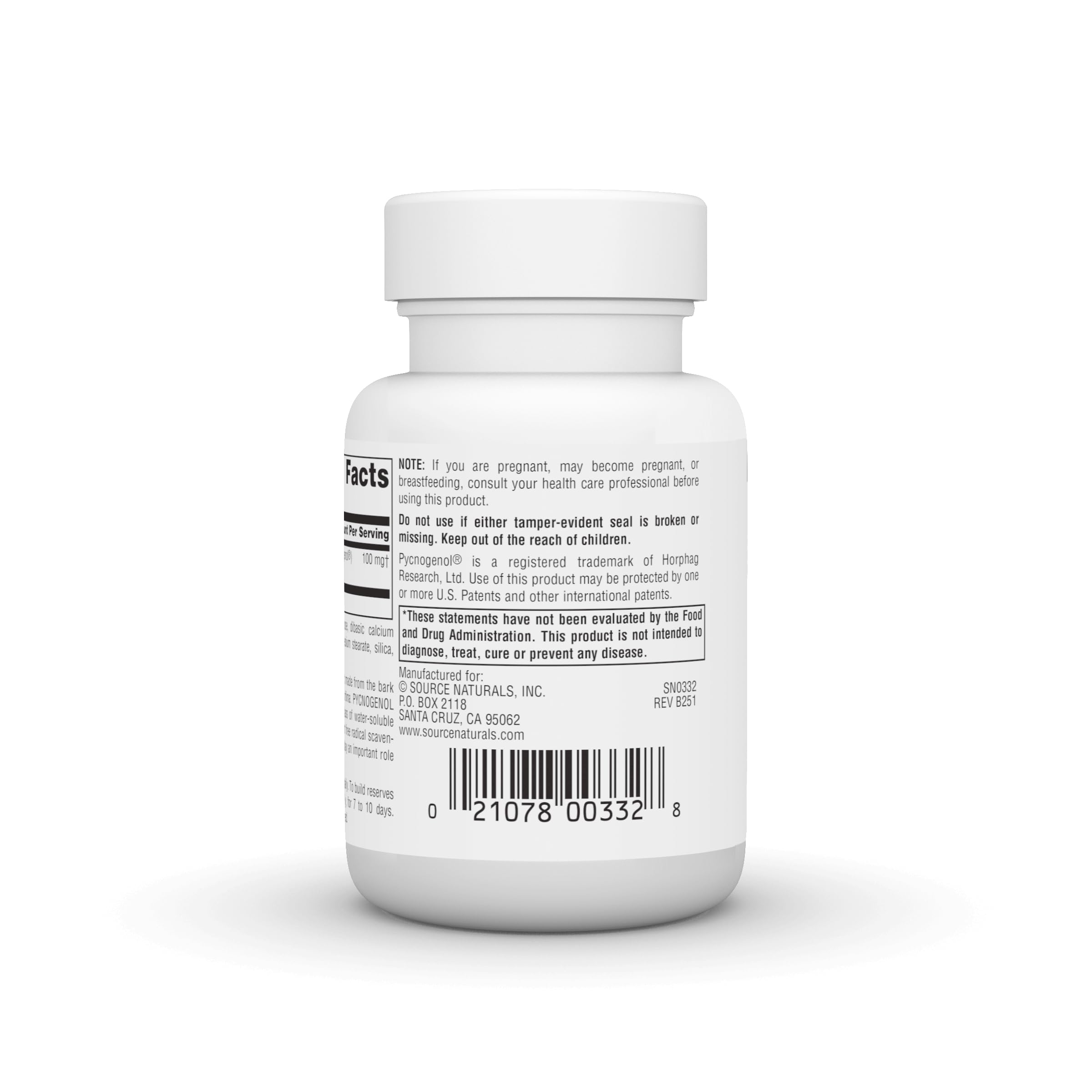 Primer plano de la tableta Source Naturals Pycnogenol mostrando su textura compacta