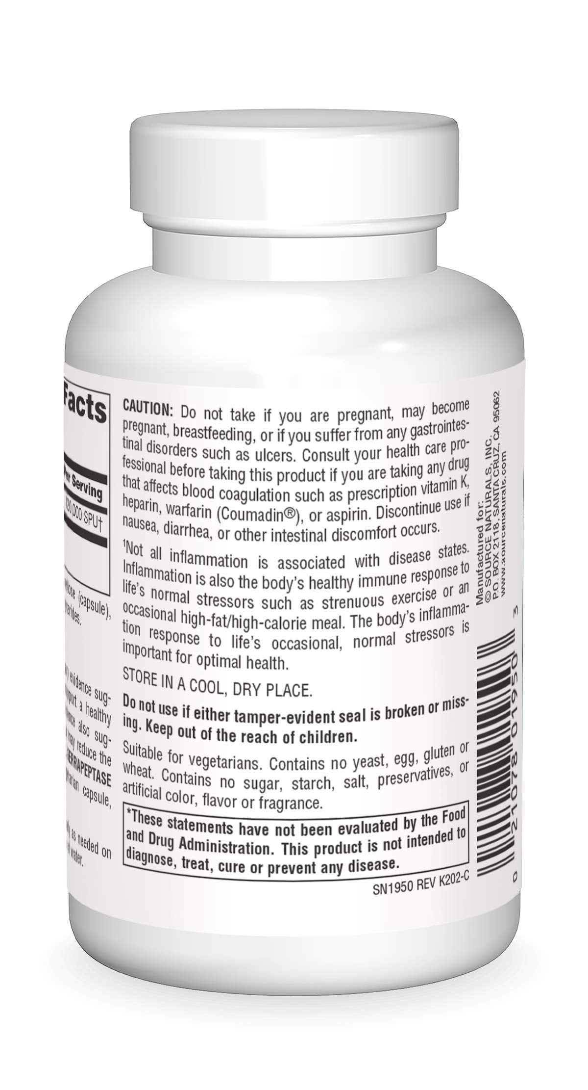 Cápsulas vegetarianas Source Naturals Serrapeptase primer plano que muestra textura y tamaño