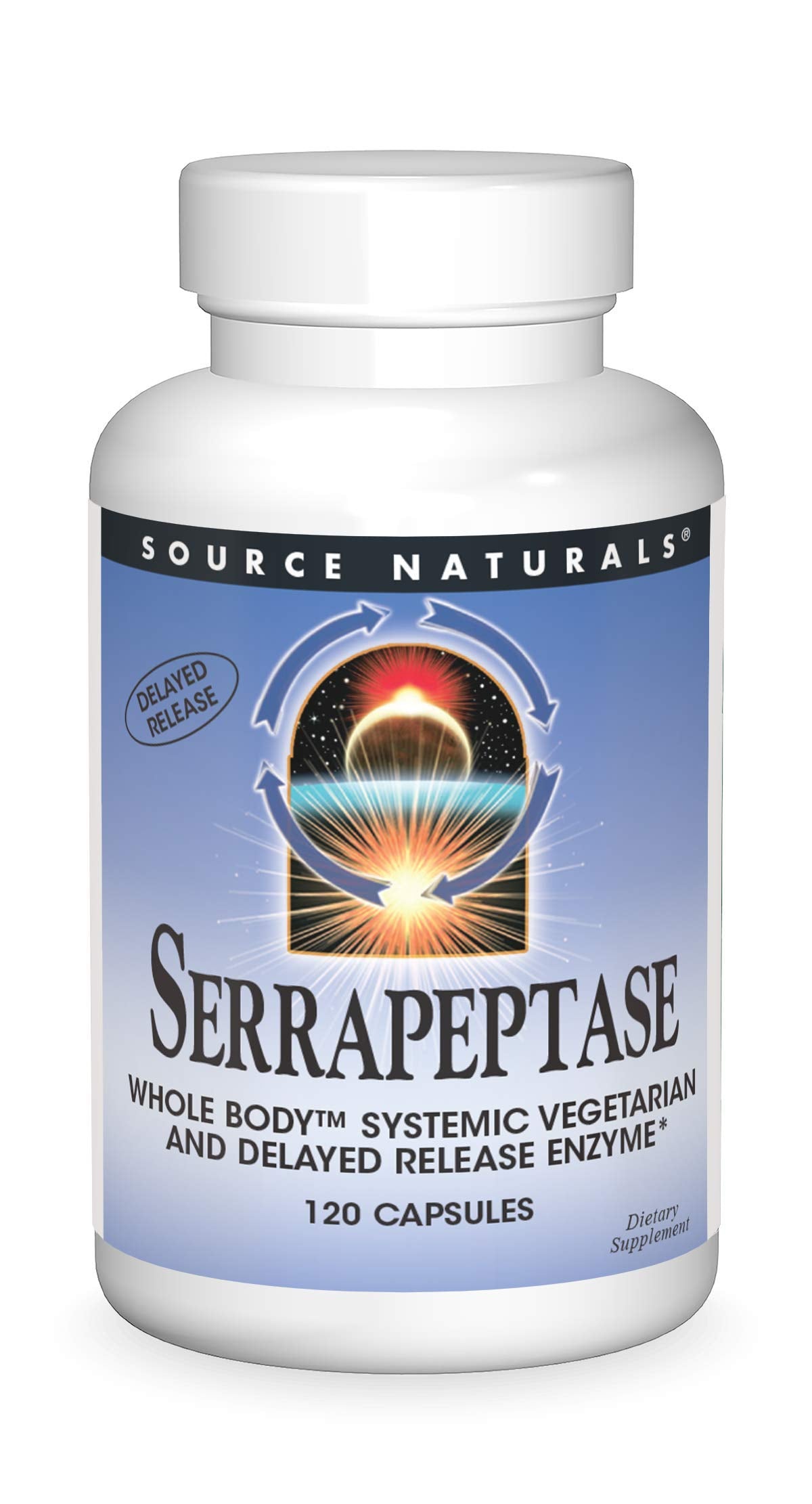 Source Naturals frasco frontal de Serrapeptase mostrando 120 cápsulas y diseño claro