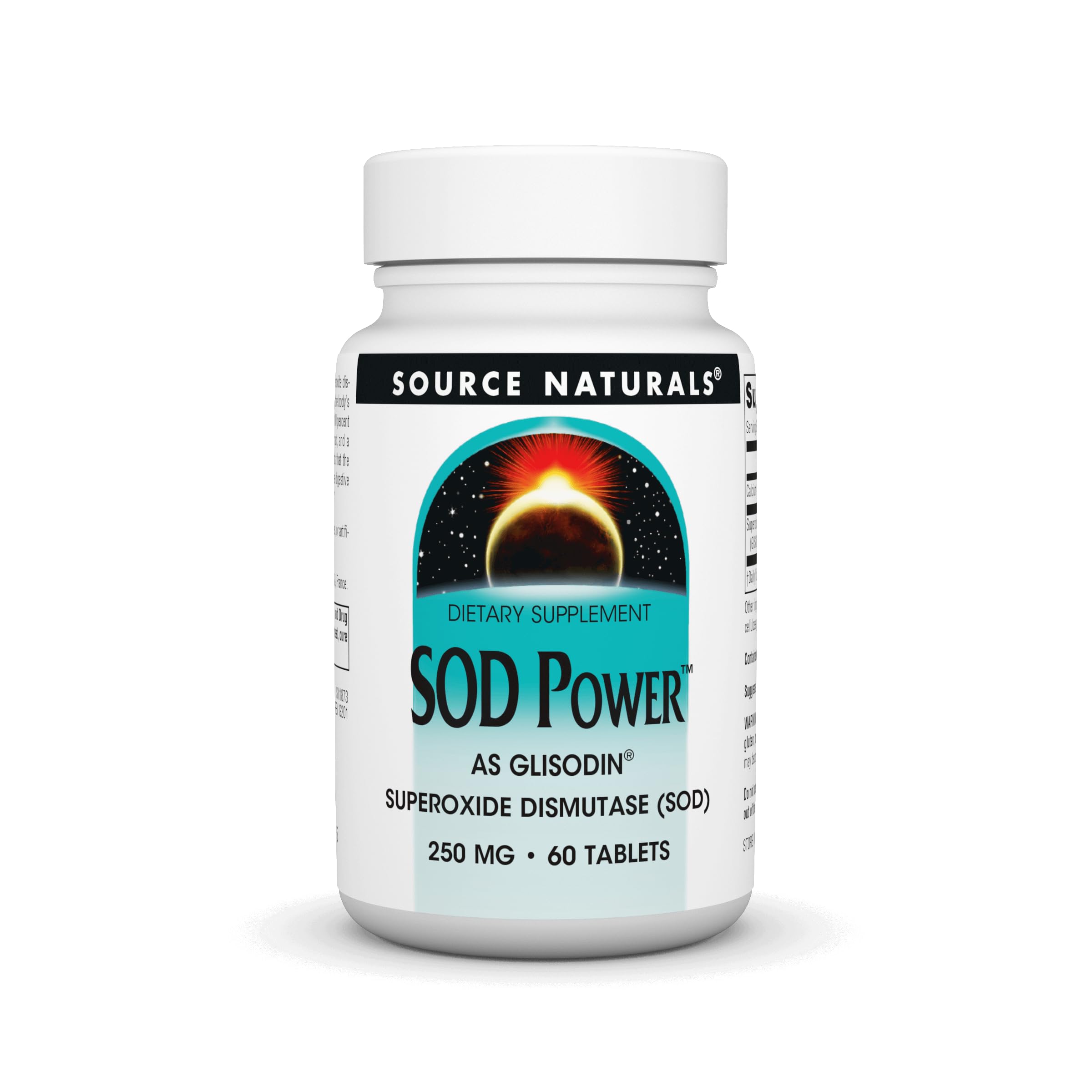 Source Naturals frasco frontal de SOD Power que muestra la etiqueta y tamaño